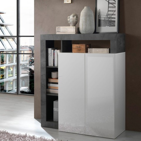 Modern black mobile sideboard with 2 glossy white doors, Blume BX. Promotion