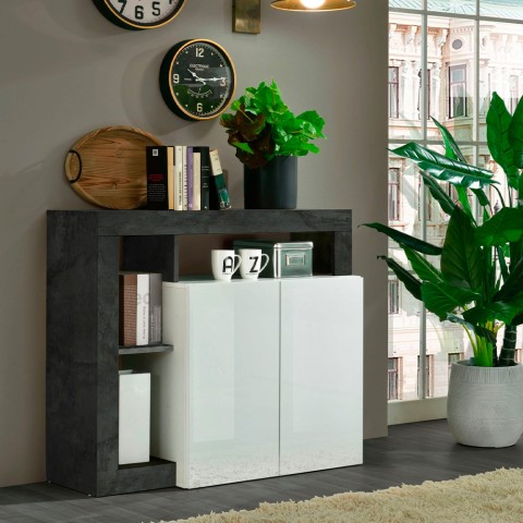 Modern glossy white living room sideboard with 2 black doors Reva BX. Promotion