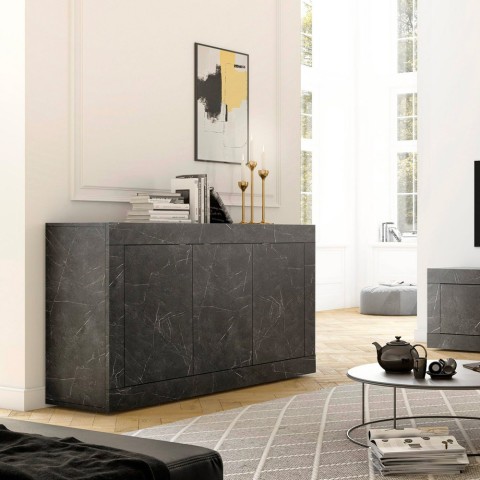 Modern black sideboard with 3 doors 160cm in marble effect Modis MB Basic. Promotion