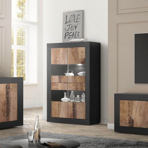 Living room showcase with 4 black glass and industrial wood doors - Tina NP Basic. Promotion