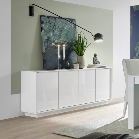 Modern white gloss living room sideboard with 4 doors 180cm Connie Ice. Promotion