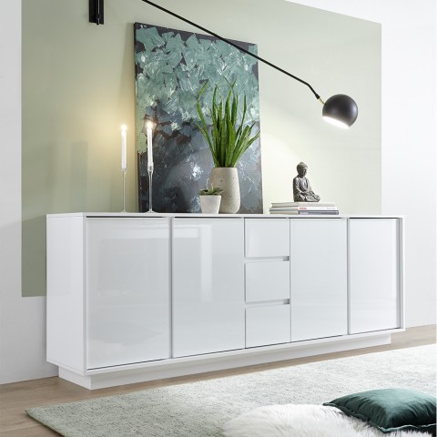 Modern 210cm Sideboard with 4 Doors and 3 Glossy White Drawers Maine Ice Promotion