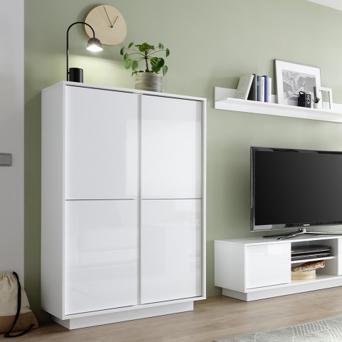Modern High Sideboard with 4 Glossy White Lacquered Doors, H145cm Joyce Ice. Promotion