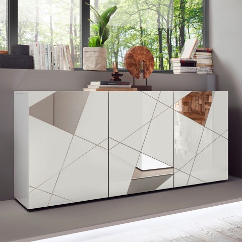 Modern glossy white sideboard 181cm with 3 mirrored doors Vittoria WH S Promotion