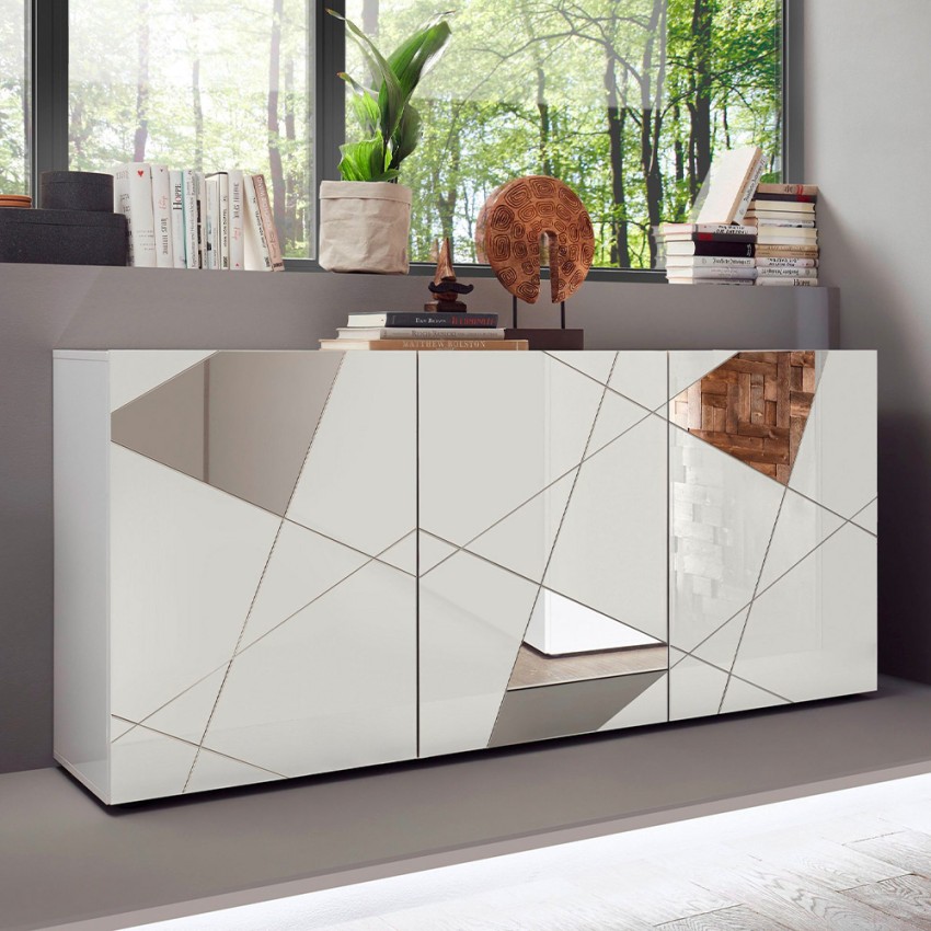 Modern glossy white sideboard 181cm with 3 mirrored doors Vittoria WH S Promotion