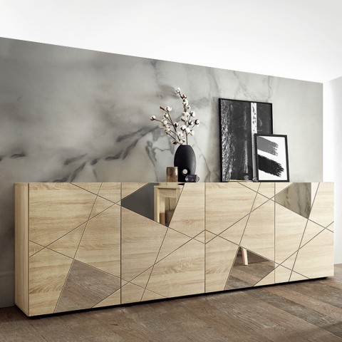 Modern Oak Wood Sideboard Credenza 241cm with 4 Mirrored Doors - Vittoria RS L Promotion