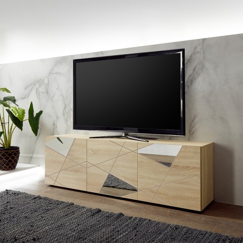 Mobile TV base with 3 oak doors and geometric design, Brema RS Vittoria. Promotion