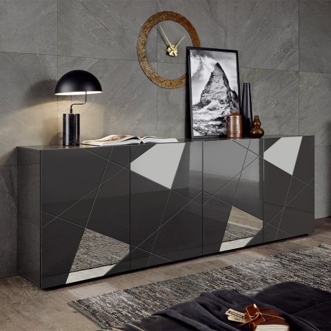 Modern glossy gray Vittoria GR L sideboard with 4 doors and mirrors Promotion