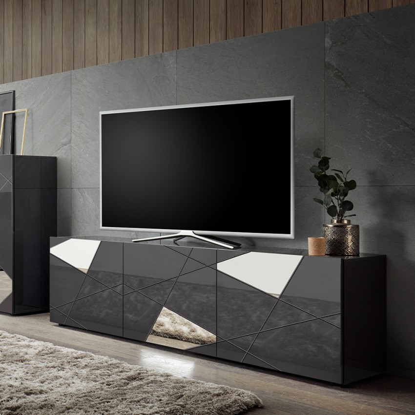 Mobile TV stand with 3 modern glossy grey doors - Brema GR Vittoria. Promotion