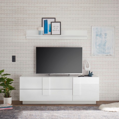 Mobile TV stand glossy white design with 1 door and 2 drawers Jupiter WH T1. Promotion