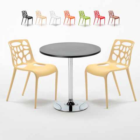 Cosmopolitan Set Made of a 70cm Black Round Table and 2 Colourful Gelateria Chairs