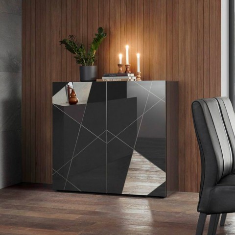 Modern glossy grey sideboard with 2 mirrored doors Vittoria Glam GR. Promotion