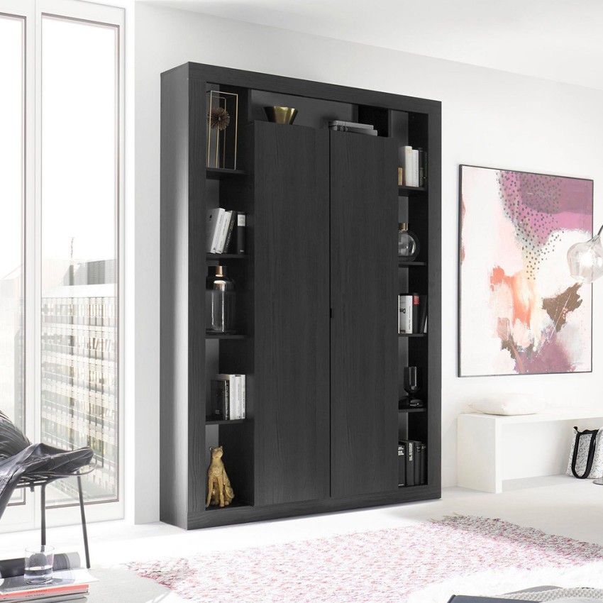 Modern black wooden column living room bookcase with 2 Albus NR doors. Promotion