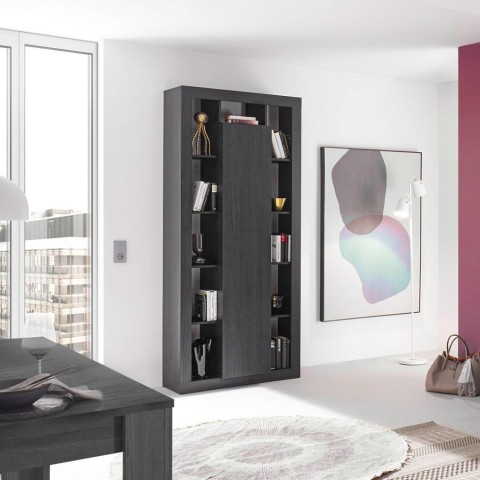 Modern black wooden column bookcase, 217cm high with central door Jote NR. Promotion