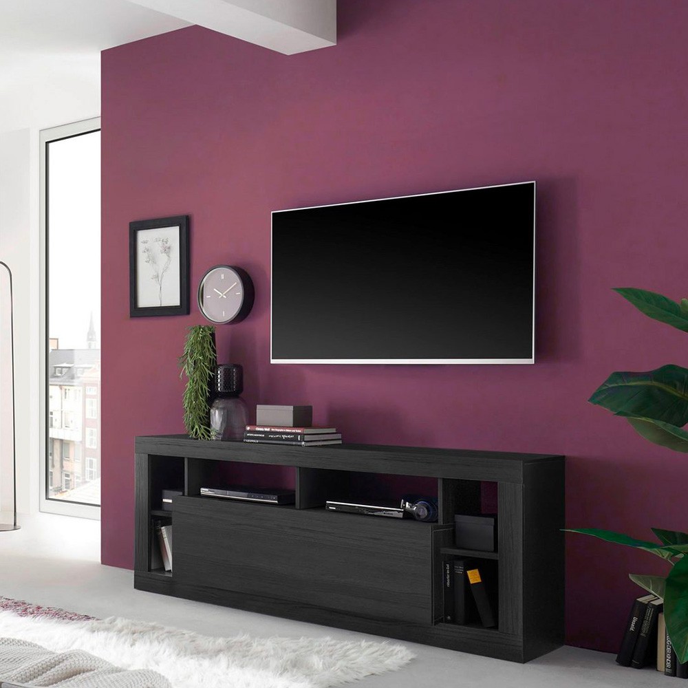 Modern Black Wooden TV Stand with Flip-Down Door Misia NR - Mobile TV Stand Base.