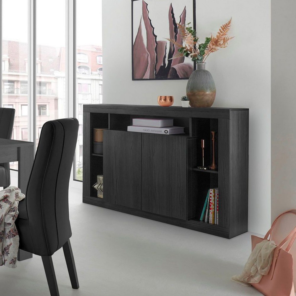 Black wooden living room sideboard 134cm modern design 2 doors Lema NR.