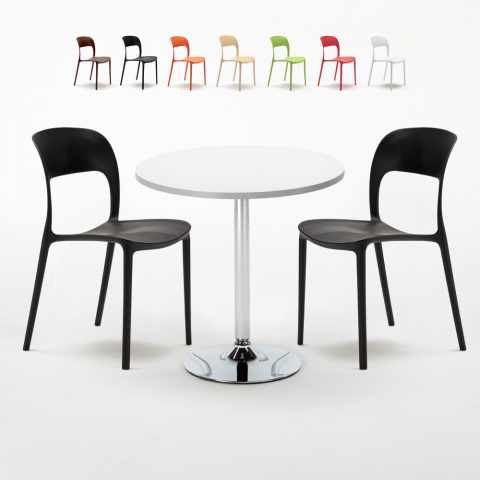 Long Island Set Made of a 70cm White Round Table and 2 Colourful Restaurant Chairs