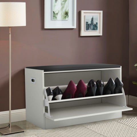 White shoe rack bench with cushion Beda for space-saving entrance mobile. Promotion