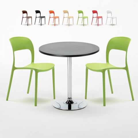 Cosmopolitan Set Made of a 70cm Black Round Table and 2 Colourful Restaurant Chairs