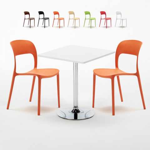 Cocktail Set Made of a 70x70cm White Square Table and 2 Colourful Restaurant Chairs