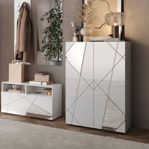 Mobile sideboard glossy white 2 doors mirror Elise. Promotion