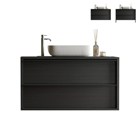 Modern black suspended floor bathroom unit with sink and 2 drawers Bloom 110. Promotion