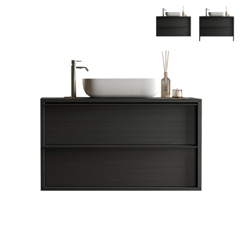 Bloom 92 modern suspended bathroom cabinet on the ground with 2 drawers and black sink. Promotion