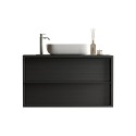 Bloom 92 modern suspended bathroom cabinet on the ground with 2 drawers and black sink. Bulk Discounts