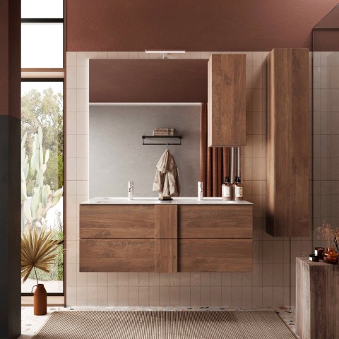 Wall-mounted bathroom cabinet in wood with double sink 2 drawers 122x47x53cm Duet S. Promotion