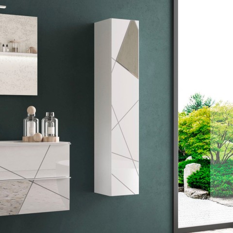 Suspended glossy white modern bathroom vanity with 1 door and Lima mobile column. Promotion