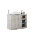 Modern white wooden floor-standing bathroom cabinet with 2 doors and Griff sink. Characteristics