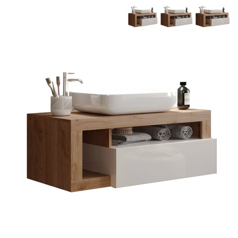 Modern suspended bathroom vanity unit with white wooden drawer and Kura BW washbasin. Promotion