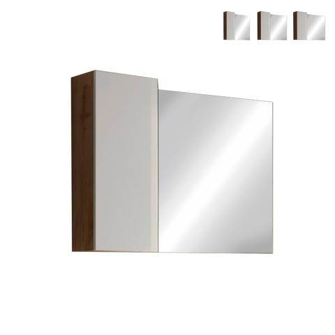 Bathroom mirror cabinet column with 1 door, LED light, white oak wood Pilar BW. Promotion