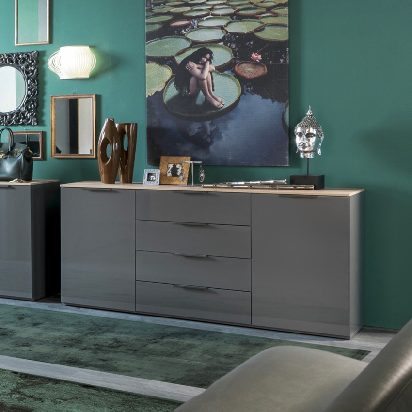 Modern sideboard for kitchen, living room, dining room with 4 drawers and 2 doors Klihe. Promotion
