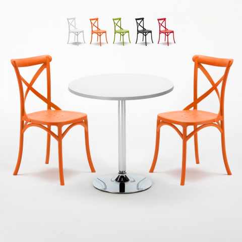 Long Island Set Made of a 70cm White Round Table and 2 Colourful Vintage Chairs