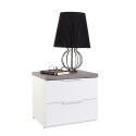 Two-drawer white lacquered nightstand with oak top for Remil bedroom. Offers