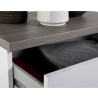 Two-drawer white lacquered nightstand with oak top for Remil bedroom. Catalog