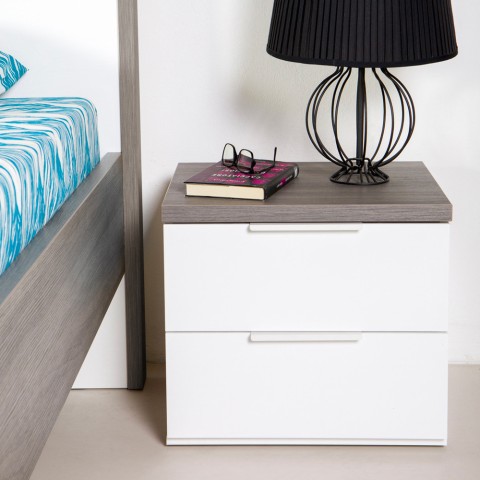 Two-drawer white lacquered nightstand with oak top for Remil bedroom. Promotion