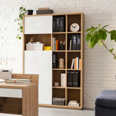 Modern oak wood living room bookcase with 2 glossy white doors Sharon Promotion
