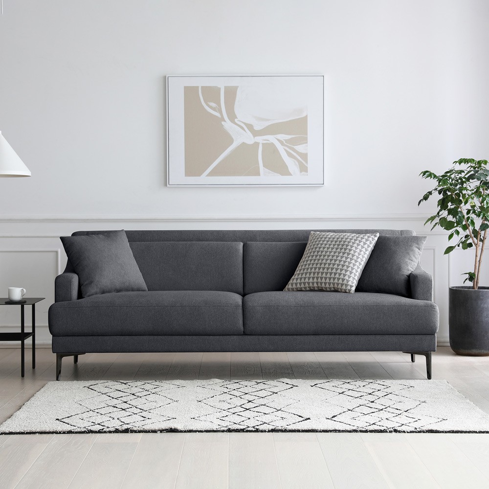 Egbert 3-Seater Comfortable Sofa with Metal Legs, 200cm, Black Fabric