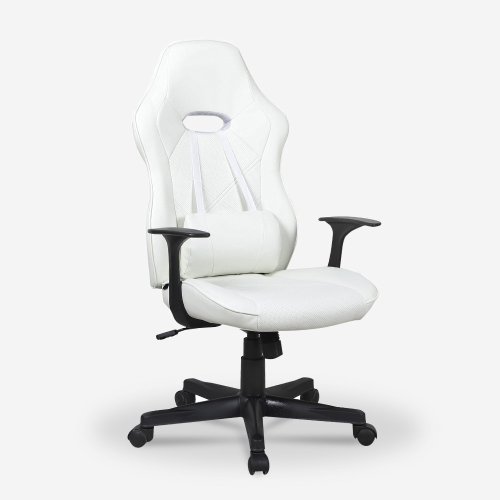 Ergonomic office gaming chair with white Estoril Light lumbar cushion.