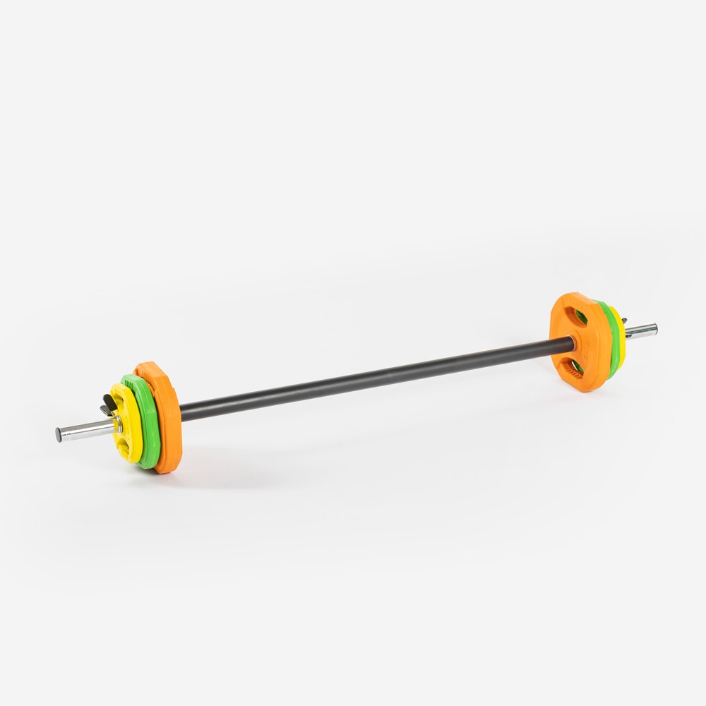 Body pump set with 6-bore barbell and 6 colored weight plates totaling 20 kg by Forutsu.