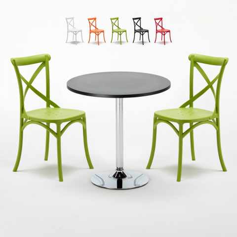 Cosmopolitan Set Made of a 70cm Black Round Table and 2 Colourful Vintage Chairs