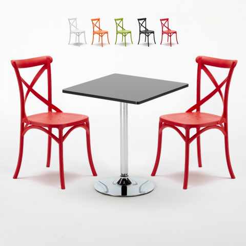 Mojito Set Made of a 70x70cm Black Square Table and 2 Colourful Vintage Chairs