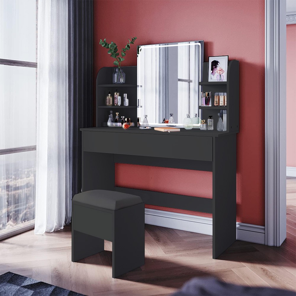 Modern Makeup Vanity with LED Lights, Black - Astrid Black