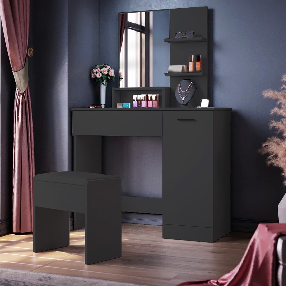 Suzie Black Makeup Vanity with Mirror, Drawer and Stool