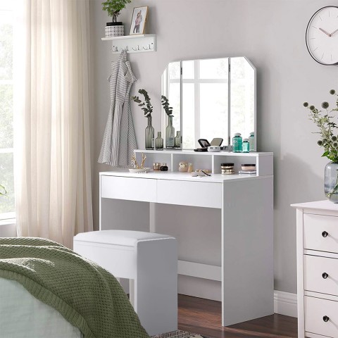 Makeup Vanity Table with 2 Drawers, Mirror, and Stool - Maggie Model Promotion
