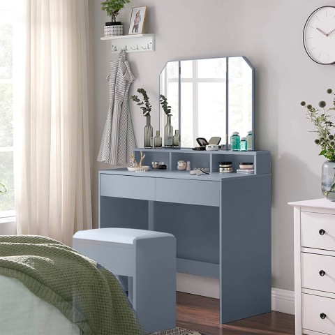 Make-up station with mirror, 2 drawers and grey stool Maggie Grey. Promotion