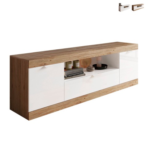 Mobile TV stand glossy white wood 2 doors 1 drawer 181x42cm Terrell Promotion