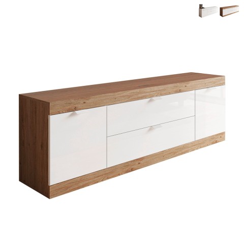 Mobile TV low 2 doors 2 drawers 181cm glossy white oak Dawson Promotion